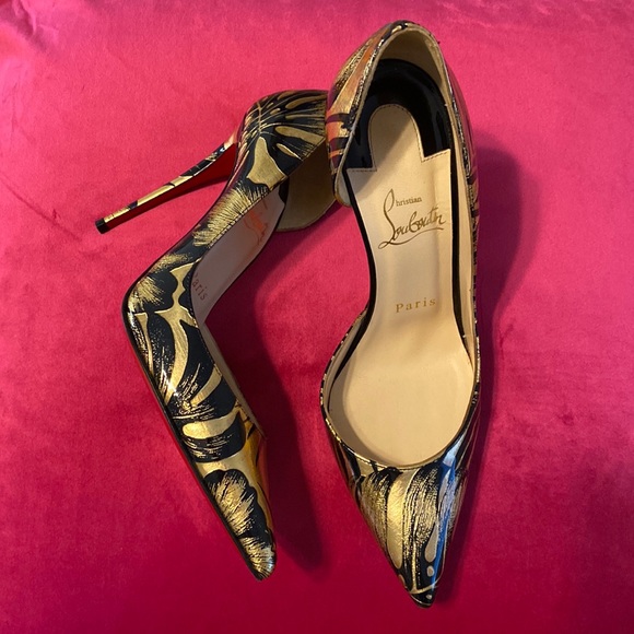 Christian Louboutin 37 IRIZA 100 Pat Lame Hibiscus Black & Gold High Heels - Picture 3 of 10